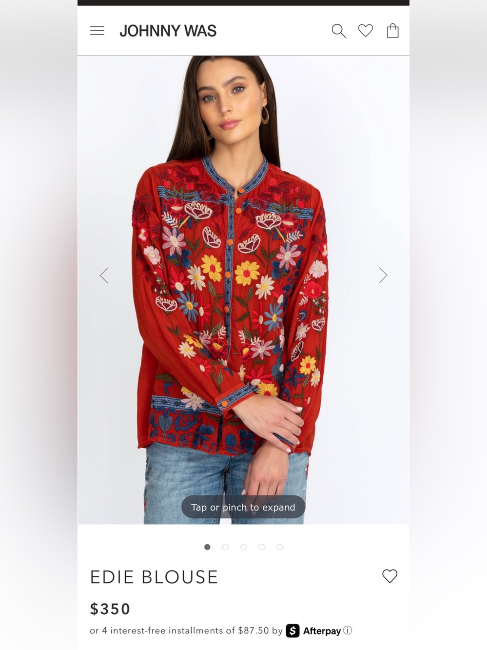 Johnny Was Red Embroidered Floral Button-Front Top